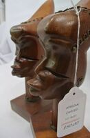 12" African Wooded Carved Bust  Female And Male With Wire Ornamental Accents - Possibly Vintage 