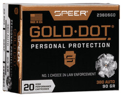 Speer 23606GD Gold Dot Personal Protection 380ACP 90gr Hollow Point 20 Per Box/1